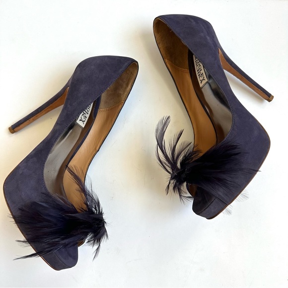 Badgley Mischka Ginnie Purple Suede Peep Toe Feather Heel Pump 8 - Picture 3 of 15